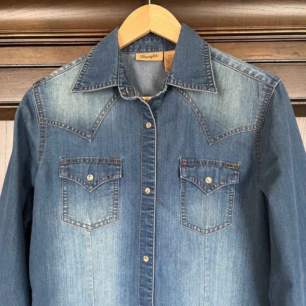 WRANGLER Denim Dress Womens S Pearl Snaps Western Cowgirl Rodeo Season No Belt - Picture 3 of 9